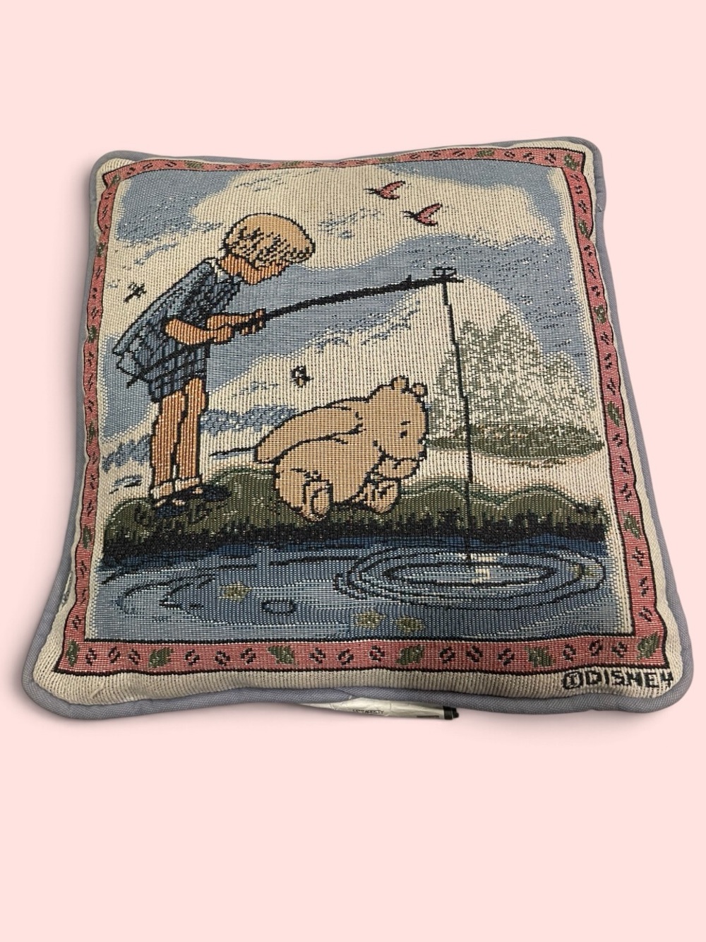 Cute classic 80s vintage Disney Pooh goes fishing accent pillow cottagecore